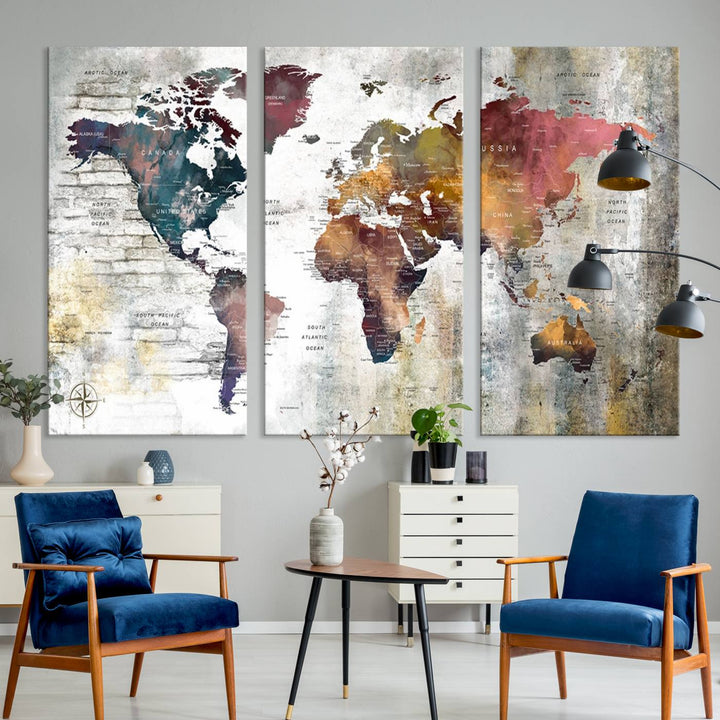 World Map Wall Art Triptych | 3-Panel Canvas Print Featuring Antique Style Map for Living Room, Office, Study, or Home Decor | Vintage Map Wall Art
