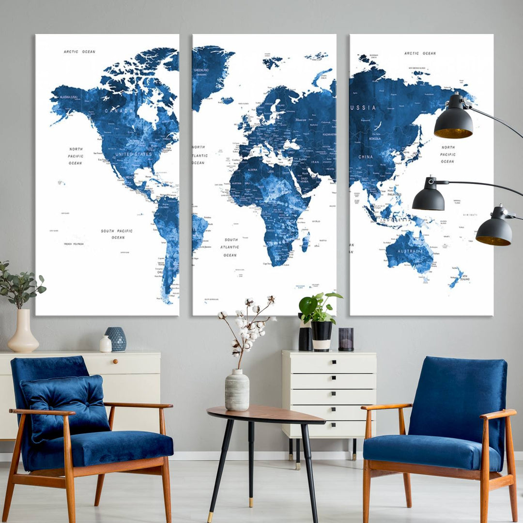 Navy Blue Wall Art World Map Canvas Print, an ideal piece for anyone seeking unique home or office decor.