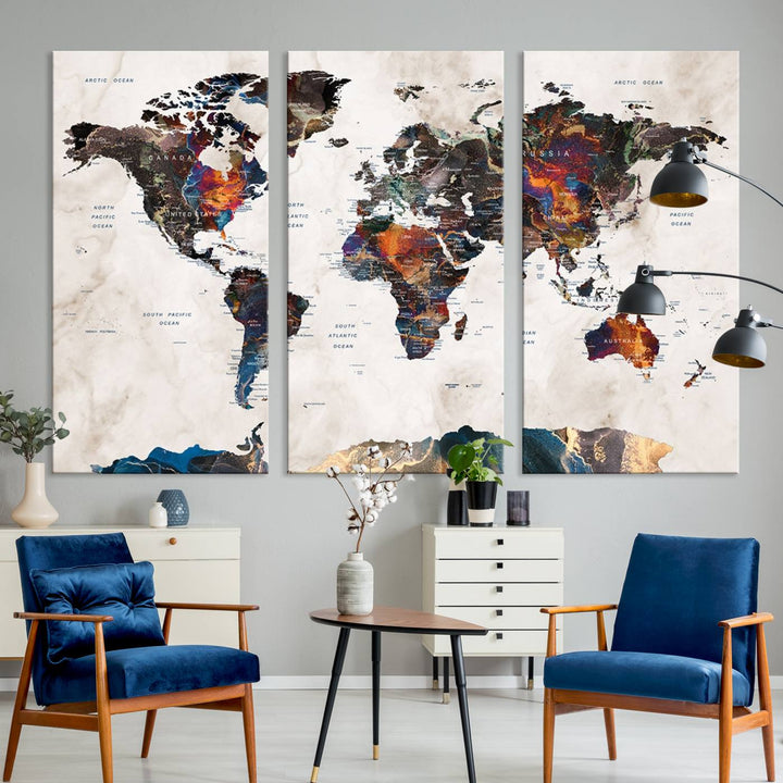 Watercolor World Map Canvas Print in earthy hues with a grunge background, ideal for wall decor.