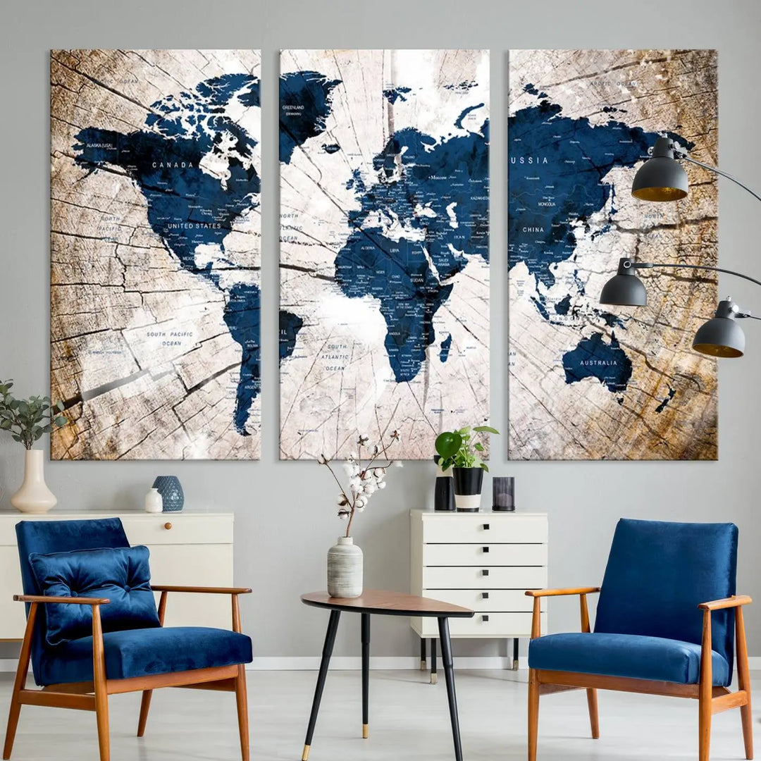 The living room exudes style with the Blue World Map Canvas Wall Art, a rustic-style triptych that's prominently displayed on the wall. This global decor piece adds an elegant touch to the space.