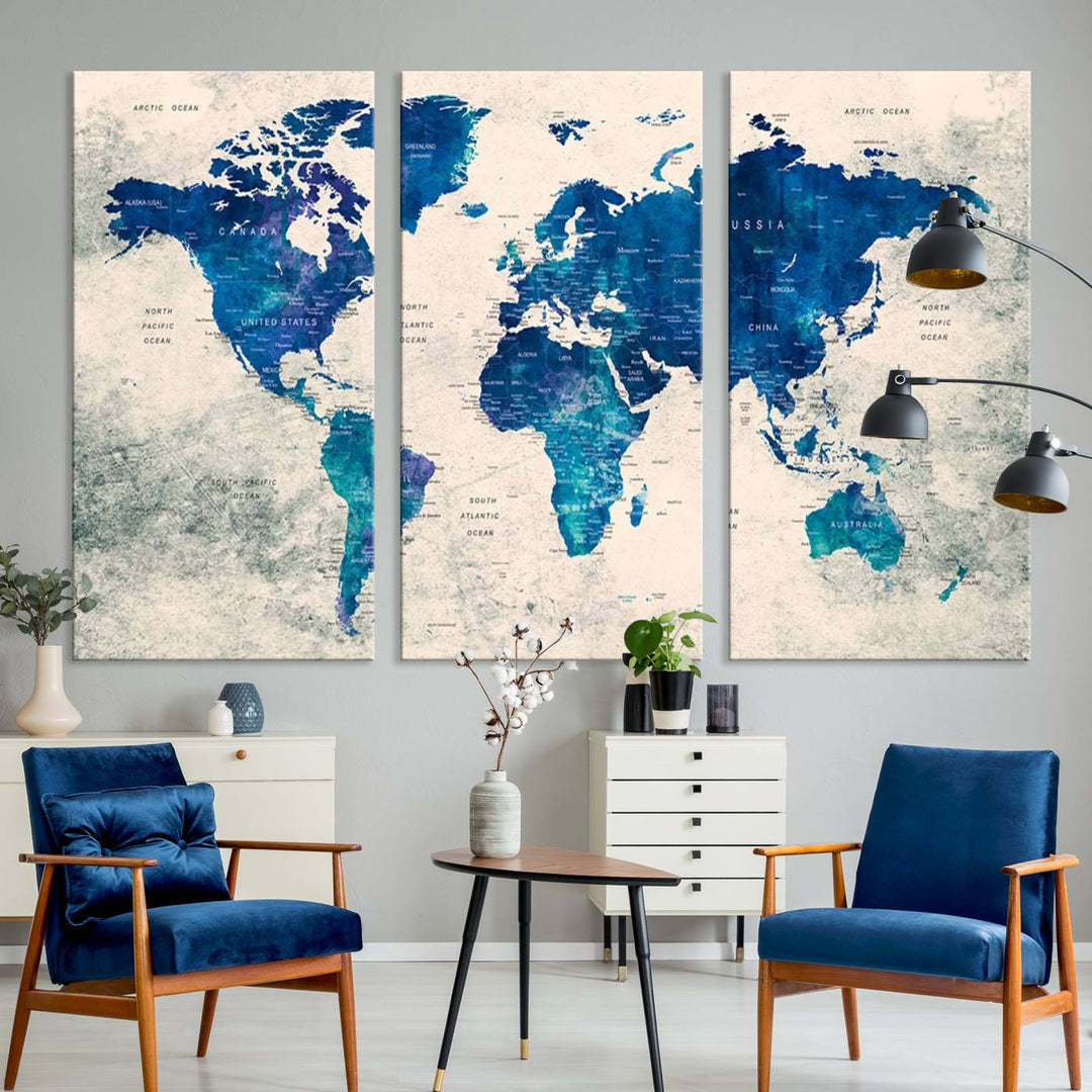 Navy Blue Push Pin World Map Canvas Print featuring a grunge-stained background, with labeled countries and oceans.