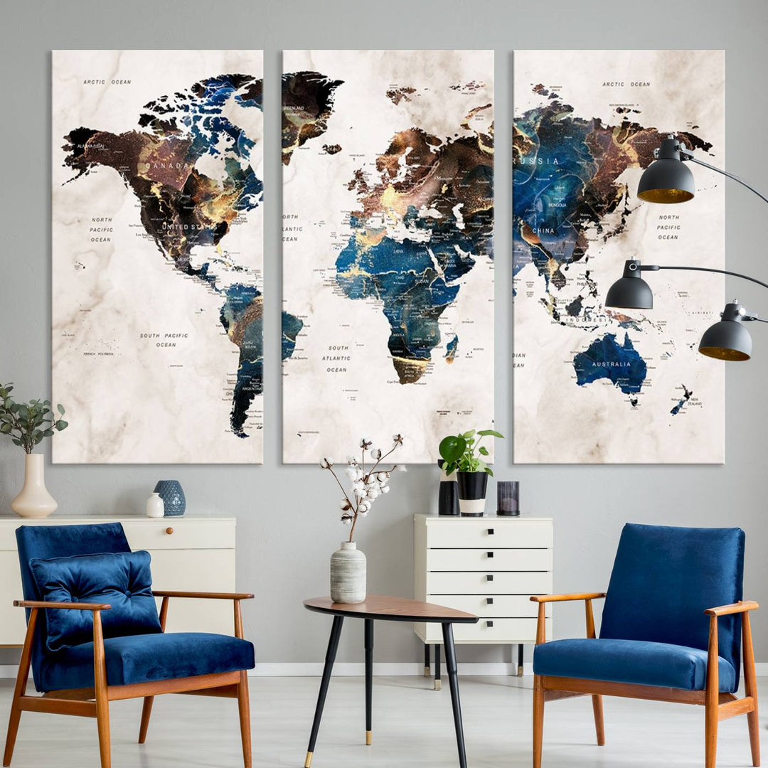 Abstract earth-toned 3-panel world map wall art featuring blues and browns, ready to hang; it showcases continents on modern canvas.