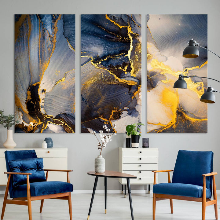 Large Abstract Wall Art Print - Gold and Blue Abstract Canvas Wall Art | Fluid Ink Modern Luxury Wall Decor for Living Room Decor