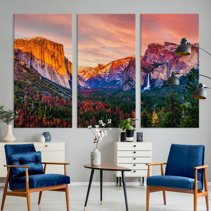 An El Capitan Yosemite Canvas showcasing a sunset over a mountain valley.