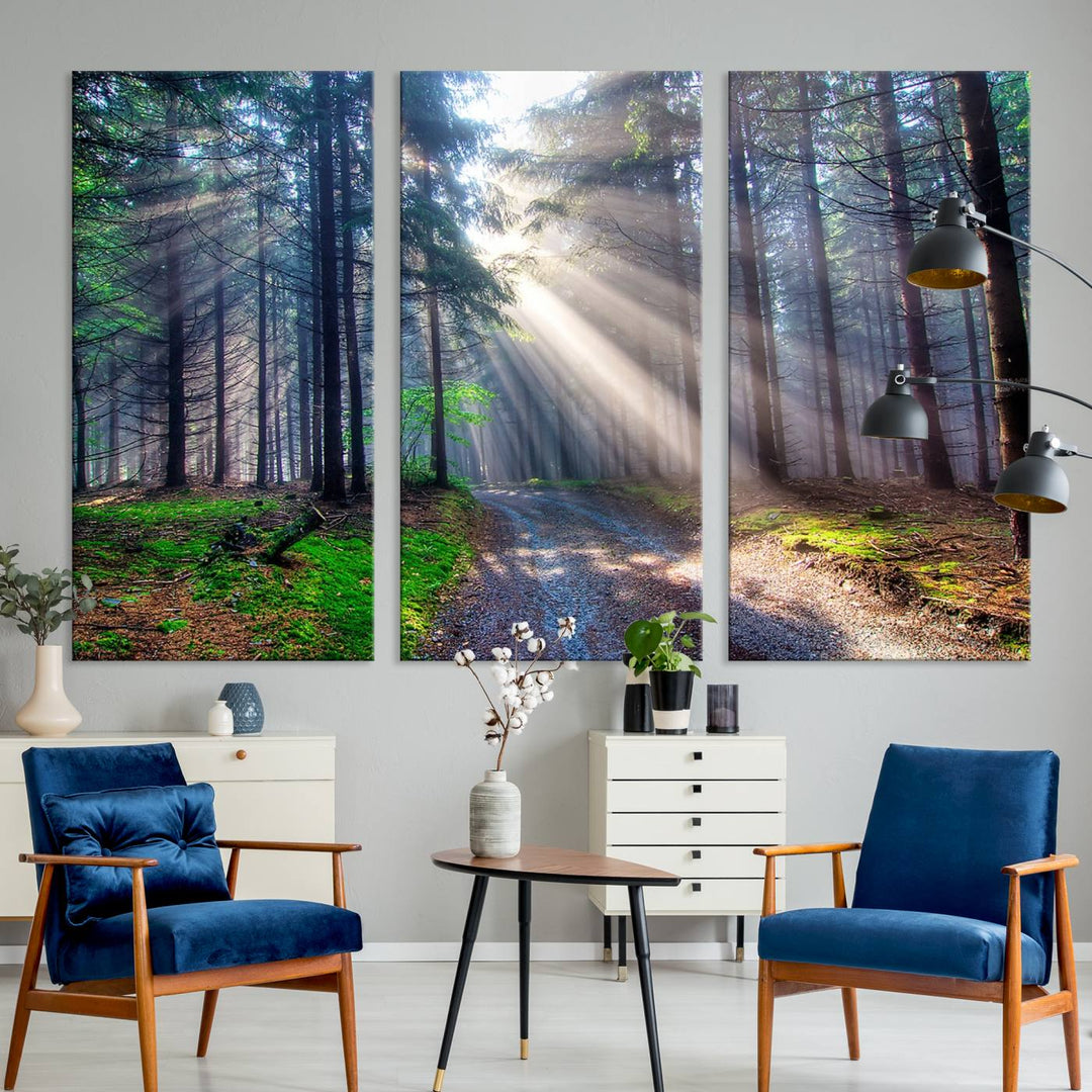 The dining area features a 3-panel Forest Path Canvas showcasing sun rays filtering through a misty forest.