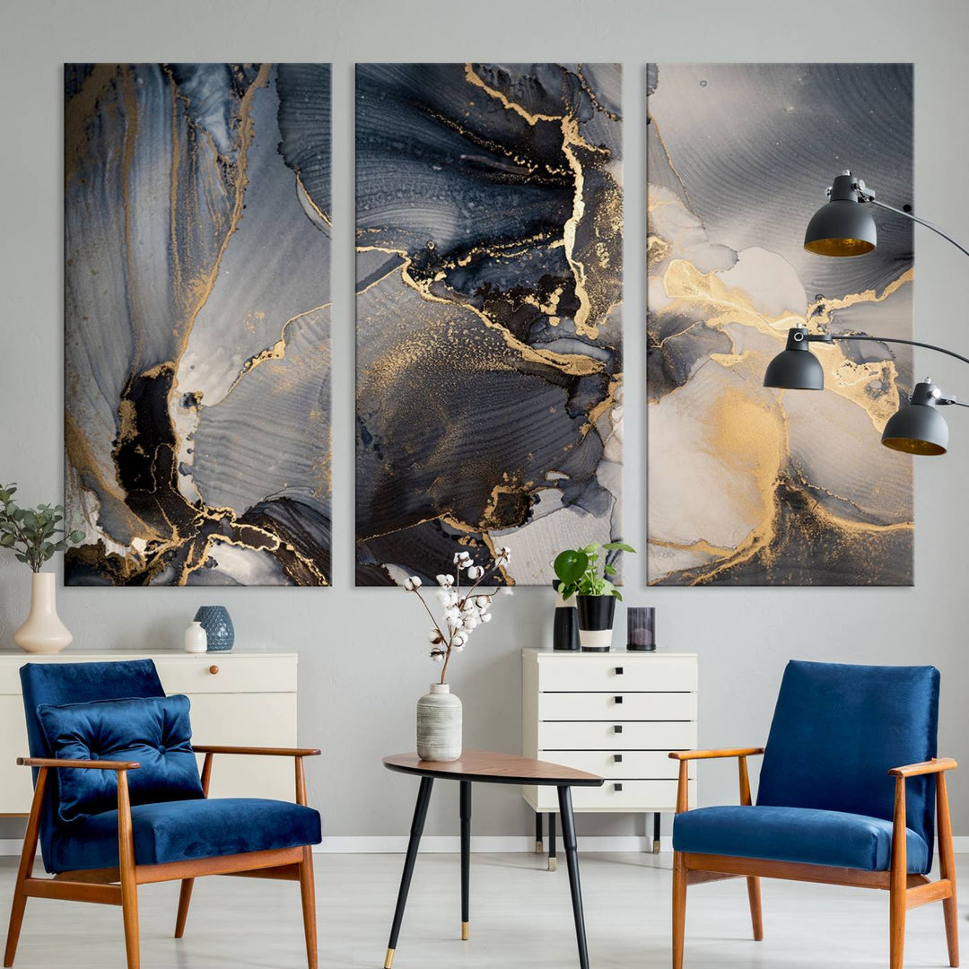 A Modern Marble Fluid Effect Abstract Wall Art with black, white, and gold swirls hangs in a modern kitchen.