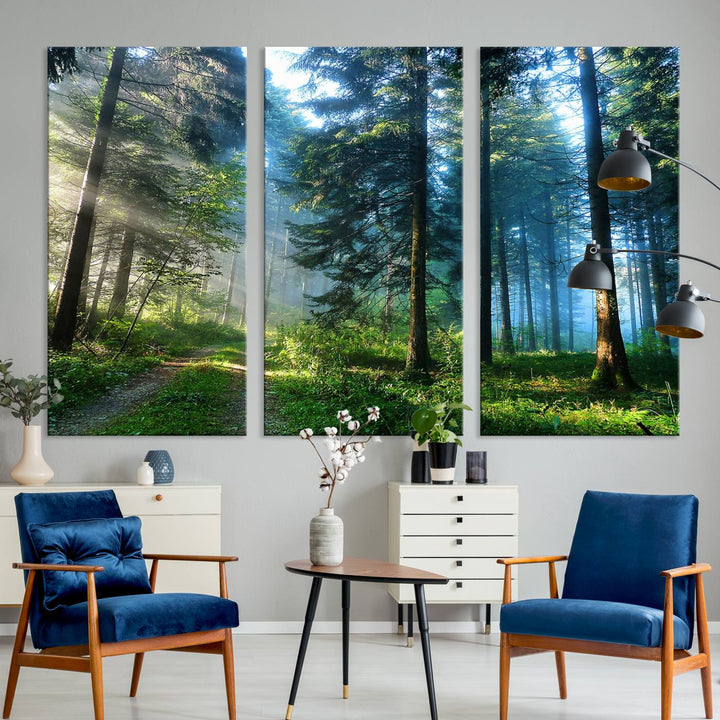 Enhancing the space is the Forest Sun Shine wall art canvas print, showcasing a serene forest scene.