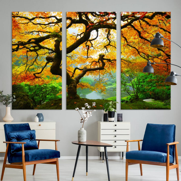 The Portland Japanese Maple Tree Canvas adds elegance to a modern living room.