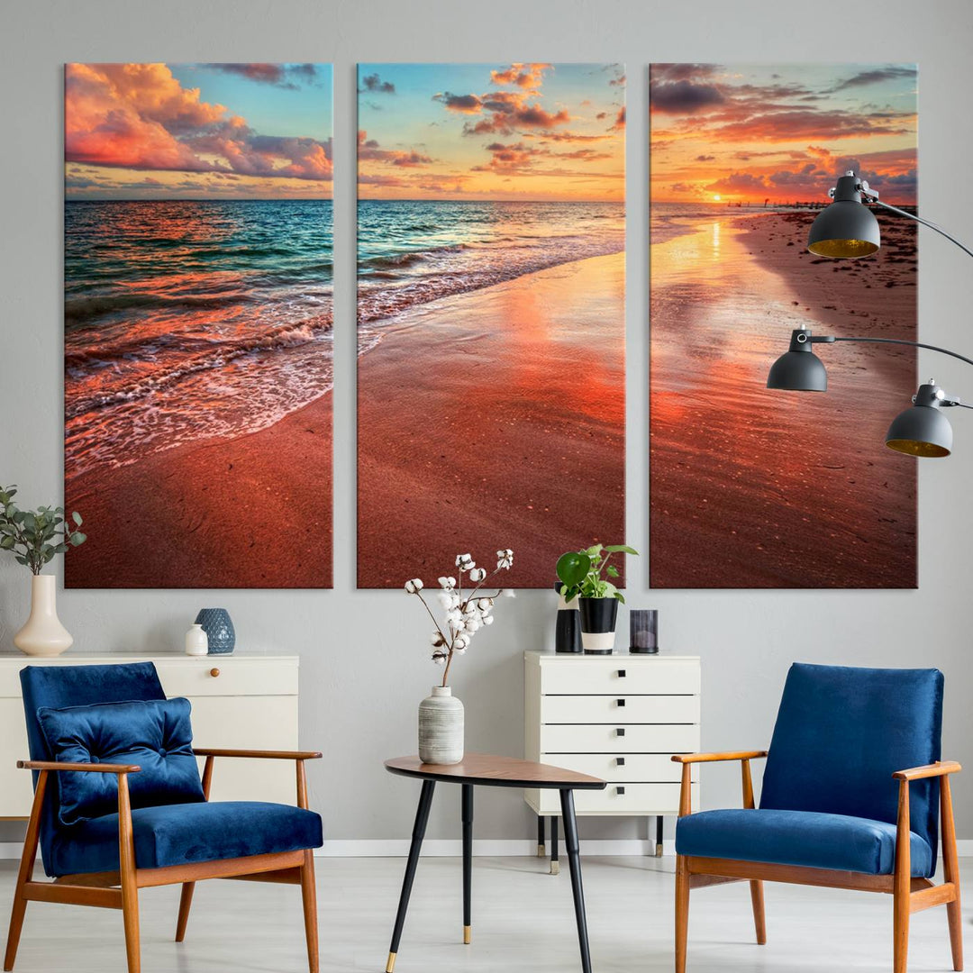 A Vibrant Sunset Beach Canvas Print with ocean waves and sandy shoreline enhances coastal-themed interiors.