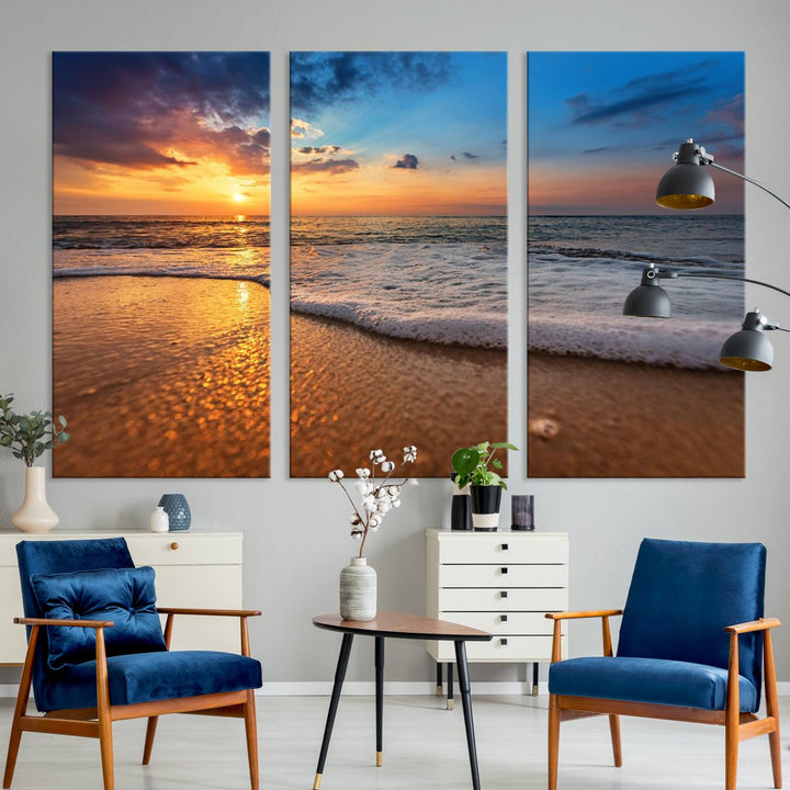 The Golden Sunset Beach Waves Triptych adds a modern coastal touch with its stunning seascape.