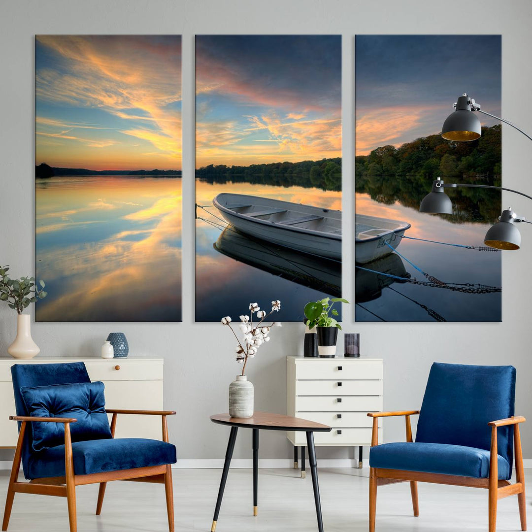 Serene Rowboat on Calm Lake Triptych Canvas Art, Giclee Wall Art of Peaceful Sunset Reflections, Tranquil Landscape Wall Art for Home or Office