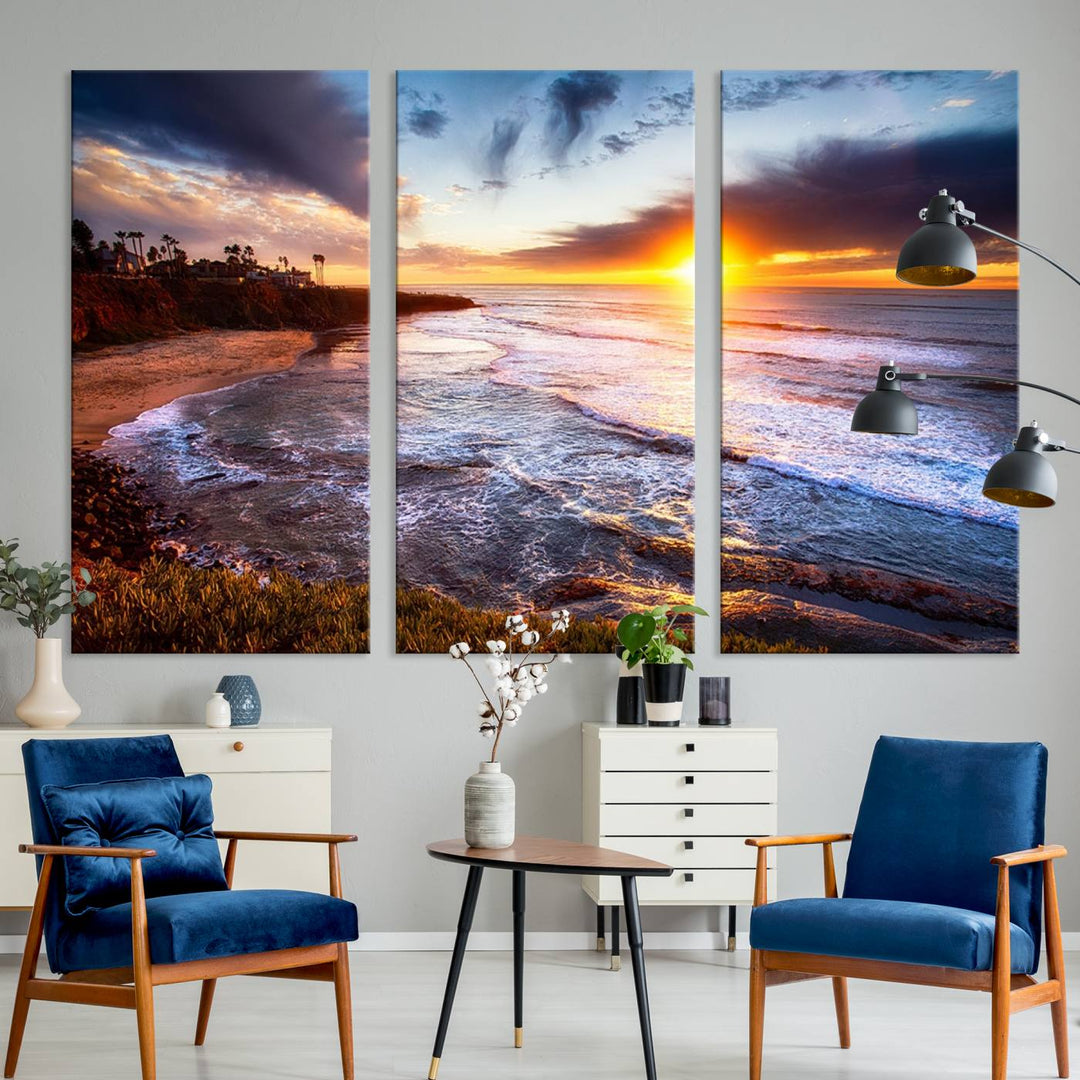 California Coastline Sunset Canvas Art, Ocean Waves Crashing on Cliffs, Giclee Canvas Print for Beach House Decor