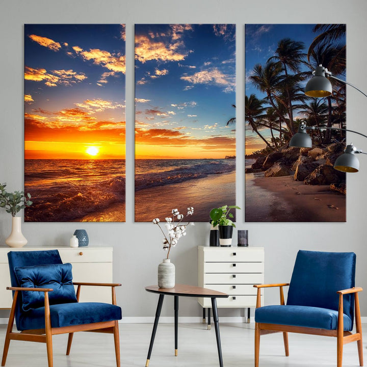 Tropical Beach Sunset Canvas Art, Palm Trees and Ocean Waves Wall Art, Giclee Print for Coastal Home Decor