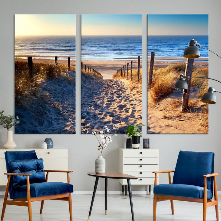 Tropical Beach Sunset Canvas Art, Ocean Waves and Sandy Shoreline Wall Art, Large Beach Decor for Coastal Homes