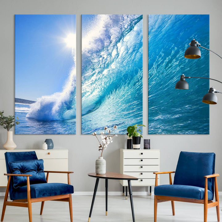 Blue Big Wave Surfing Ocean Canvas Wall Art Artwork Print , Surf Wall Art, Sea Wall Art