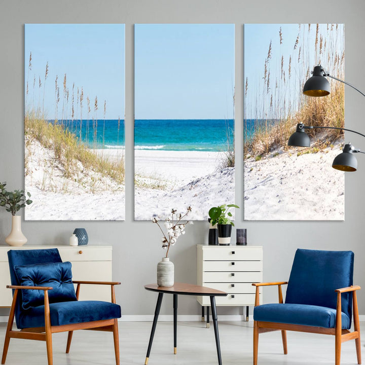 Serene Coastal Dune Path with Ocean View, 3-Panel Beach Canvas Art; tranquil seascape for coastal decor.