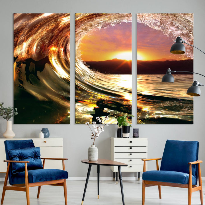 The Golden Wave Sunset Triptych Canvas Art showcases an ocean wave at sunset, casting warm light.