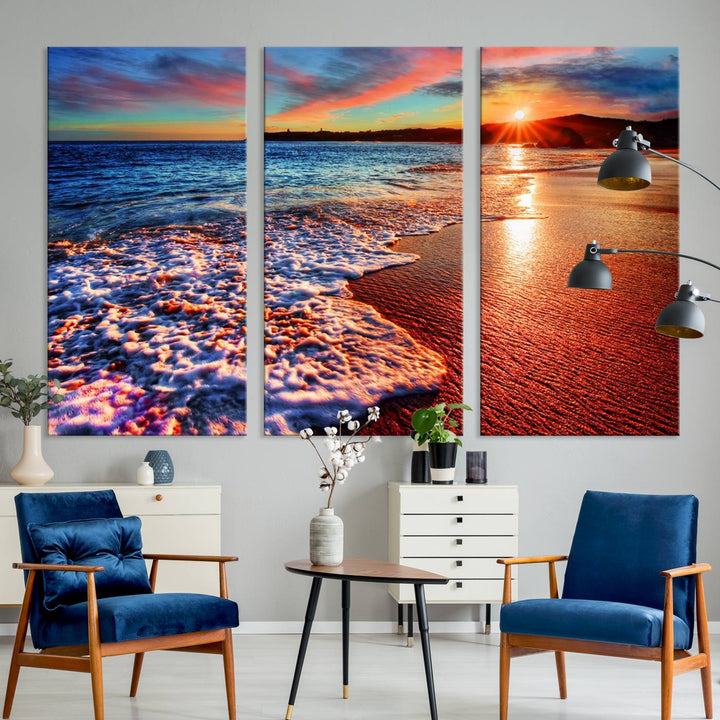 The Colorful Coastal Sunset on the Beach canvas print portrays ocean waves at dusk.