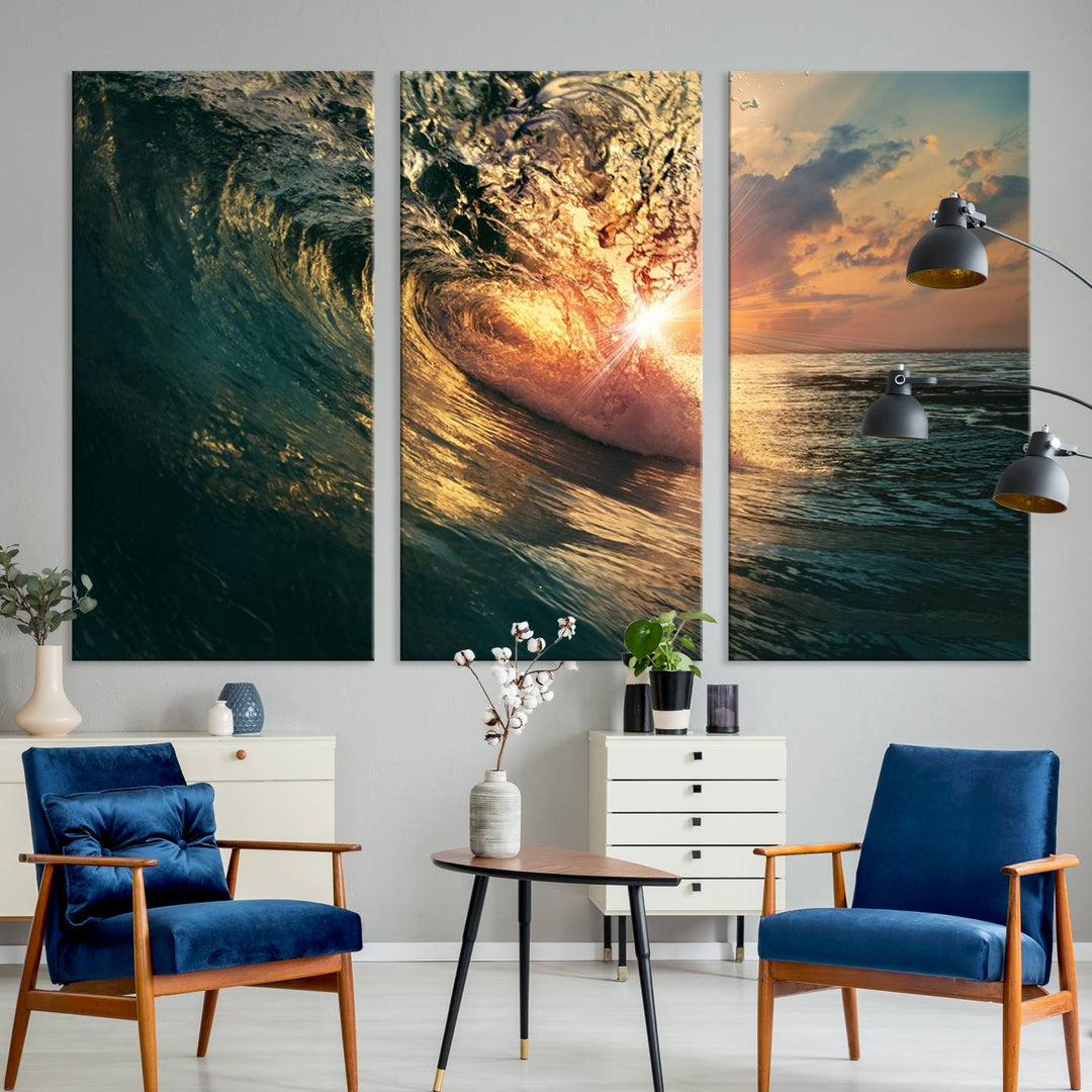 A triptych seascape titled Ocean Wave Sunset Canvas, featuring a stunning ocean view at sunset, is beautifully framed and ready to hang.