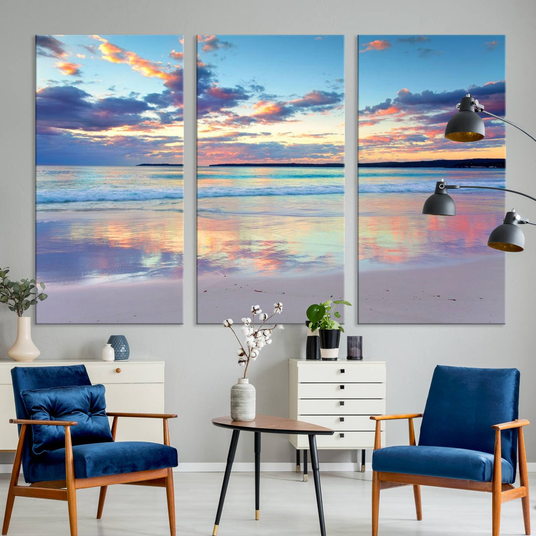 Tranquil Pastel Sunset Beach Triptych Canvas Art, Soothing Coastal Ocean Shoreline Giclee Print, Beach Reflections Wall Decor for Serene Spaces