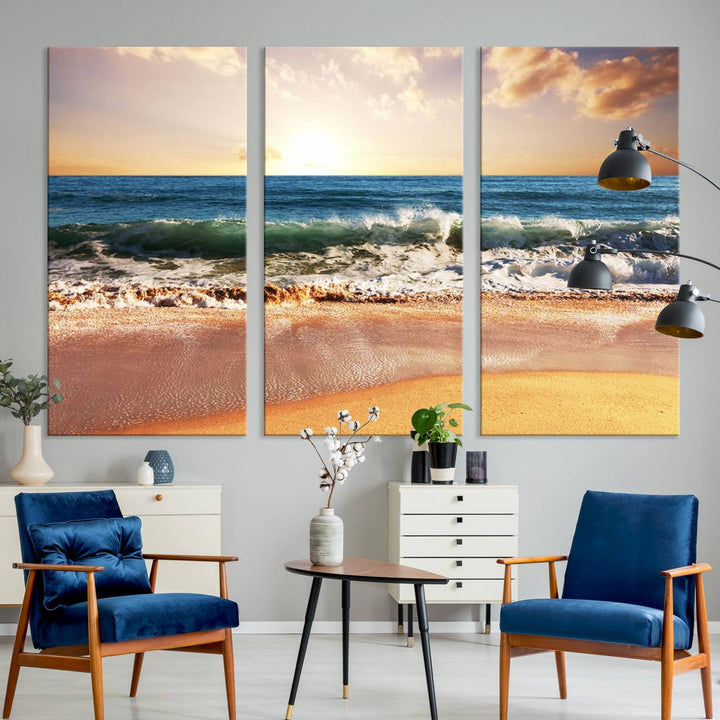 The wall features a Canon-quality Serene Beach Path canvas giclee print, depicting coastal dunes.