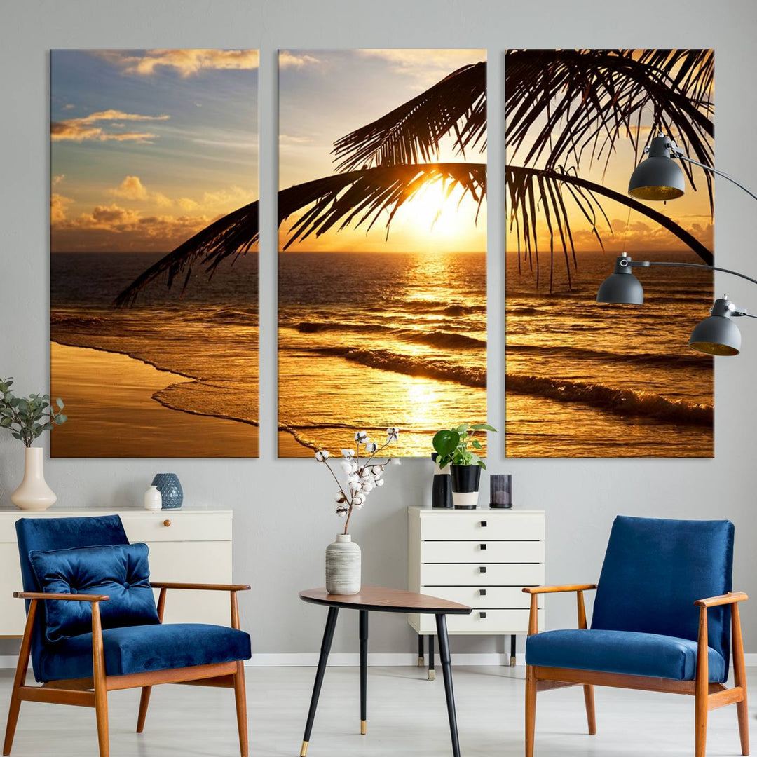 Golden Tropical Beach Sunset Canvas Triptych: Coastal Palm Art & Giclee Print with Gallery Wrap, capturing golden waves.