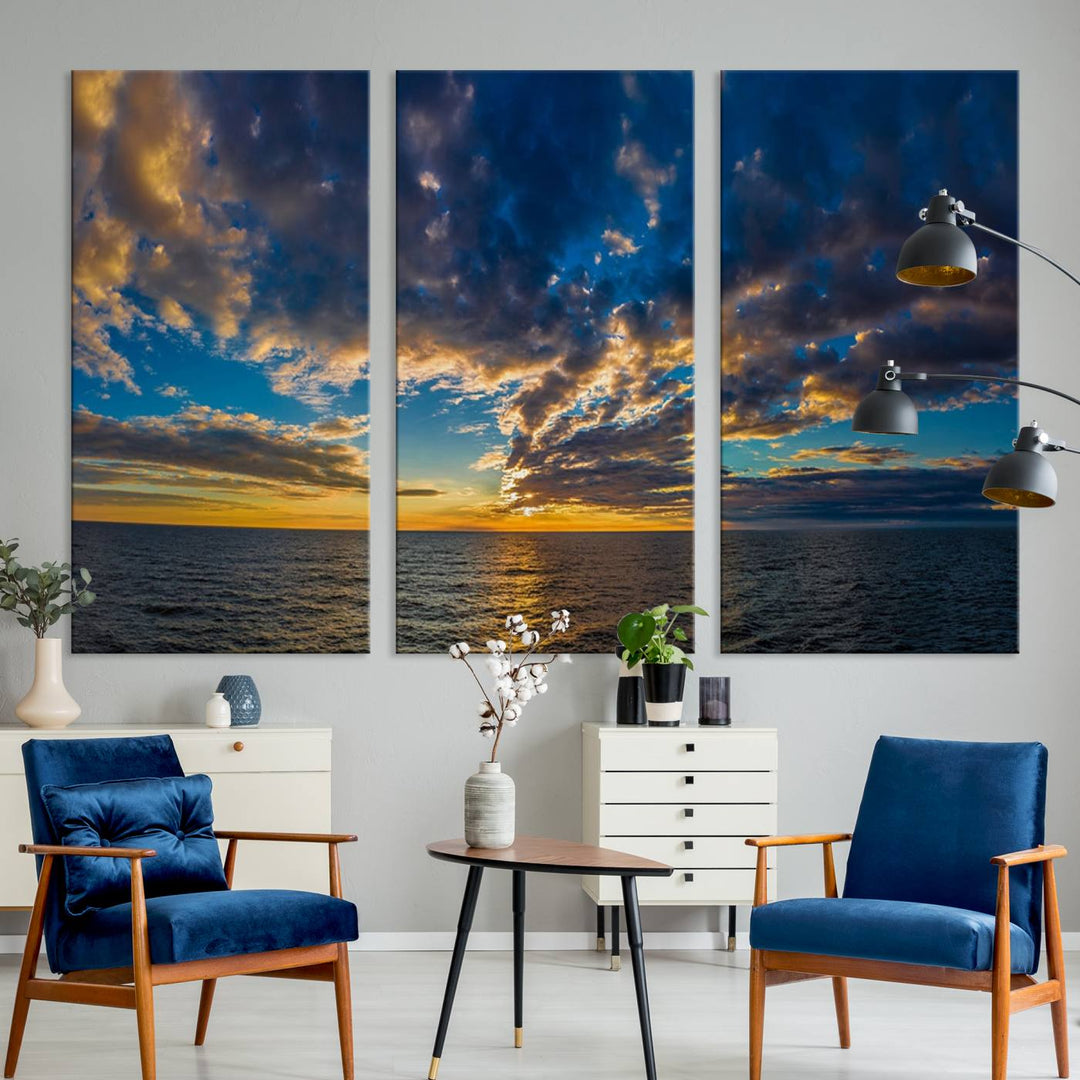 Dramatic Ocean Sunset Canvas Art, Panoramic Seascape Wall Art, Giclee Canvas Print with Canon Quality for Coastal Decor