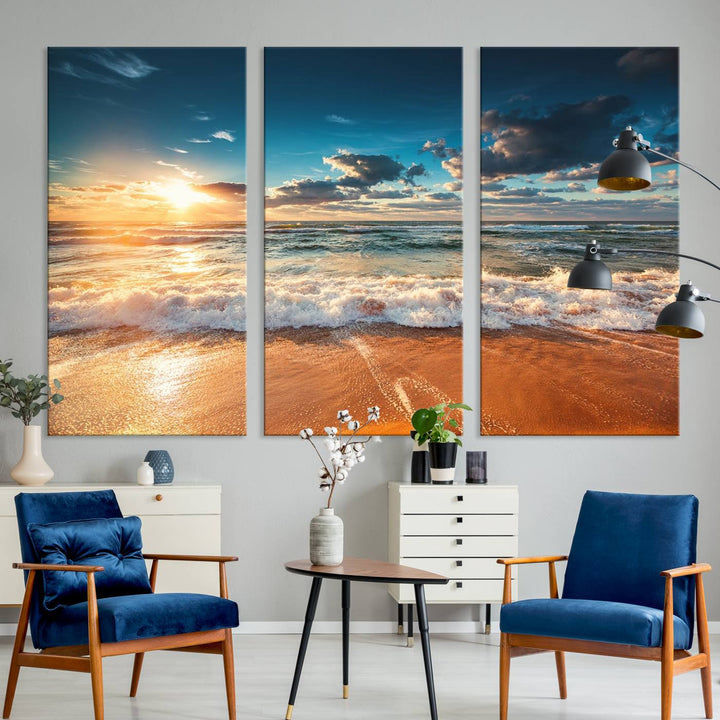 A Golden Sunset Beach Triptych Canvas Art hangs on a white wall.