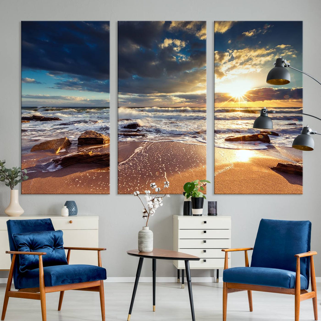 The Golden Hour Beach Sunset triptych adorns the wall with its captivating imagery.