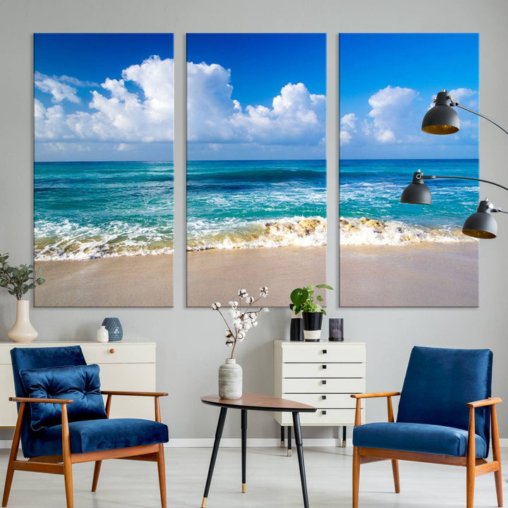 Tropical Beach 3-Panel Canvas Wall Art – Serene Ocean Waves and Blue Sky – Giclée Print for Living Room, Office, or Bedroom Coastal Decor