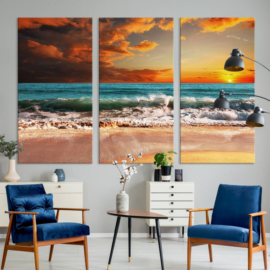 A Golden Sunset Beach triptych seascape canvas hangs on the wall.