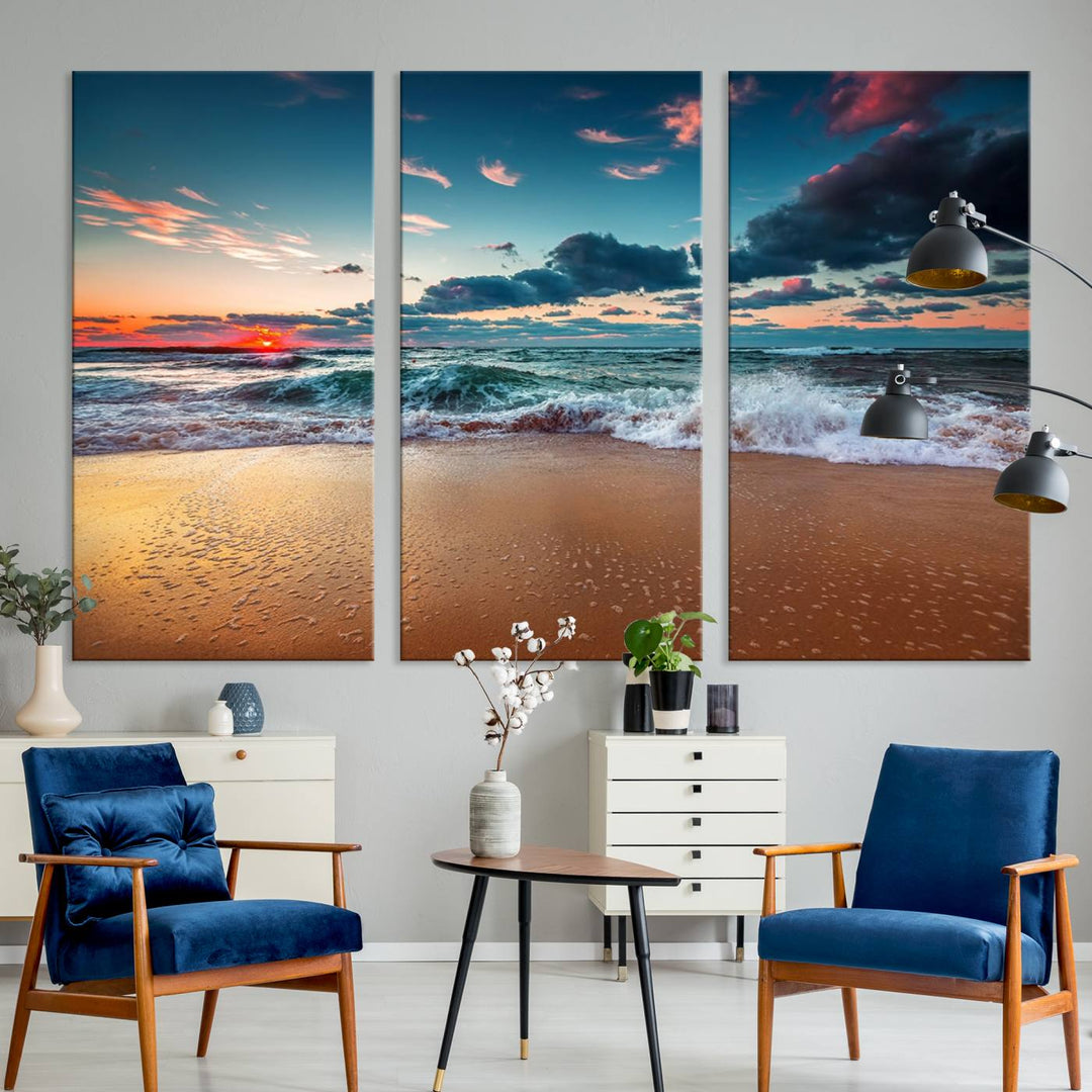 Sunset on Beach Wall Art: Waves under a vibrant sky. Crafted on museum-quality canvas, ready to hang and admire.