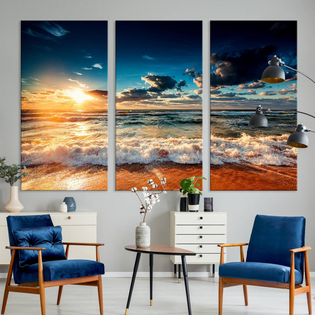 Golden Hour Sunset Over Ocean Waves Canvas: 3-Panel Coastal Landscape Art with Stunning Beach Photography Print.