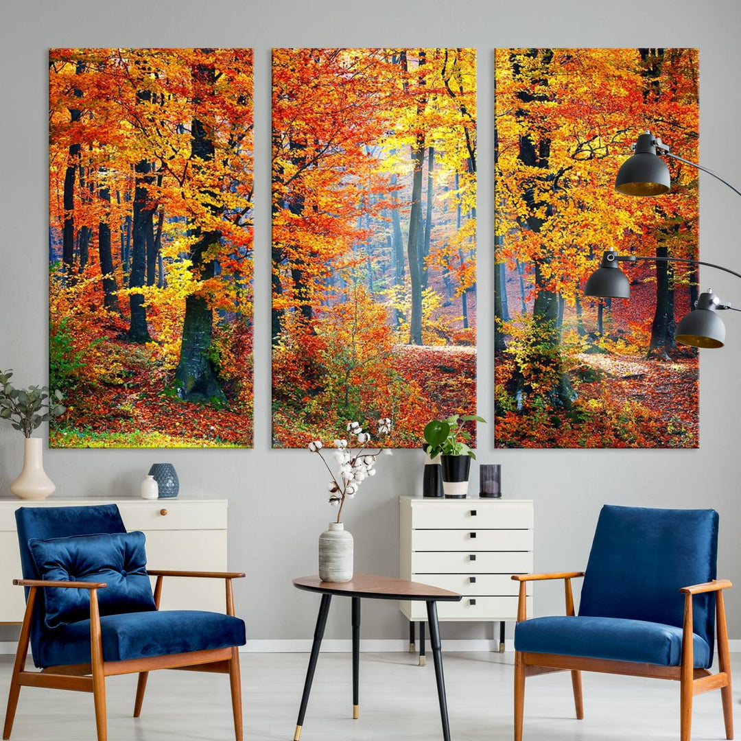 The room features an Autumn Red Forest Triptych Canvas Wall Art.