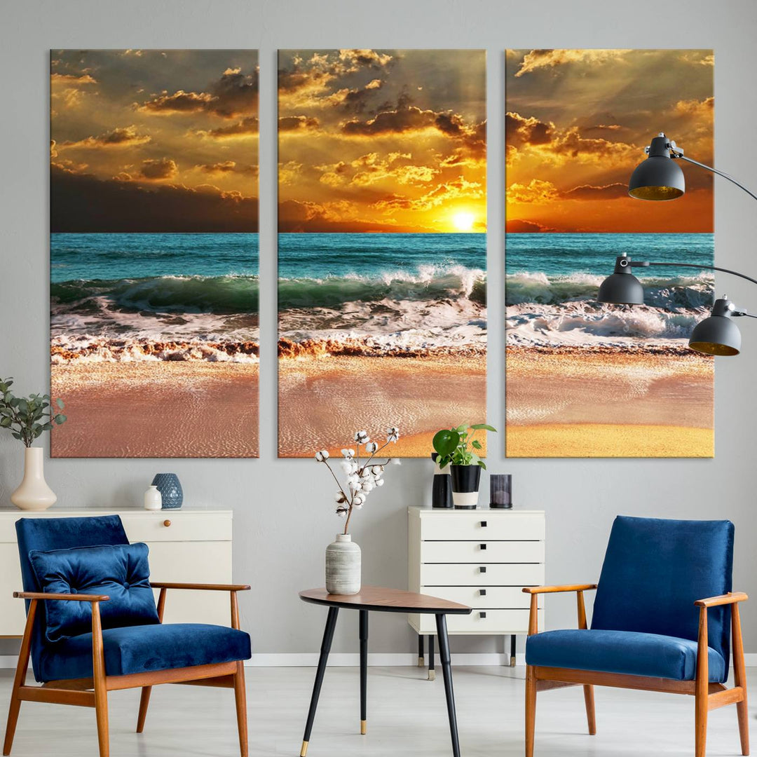 Golden Sunset Beach Canvas Triptych adorns the cozy room, creating a stunning focal point.