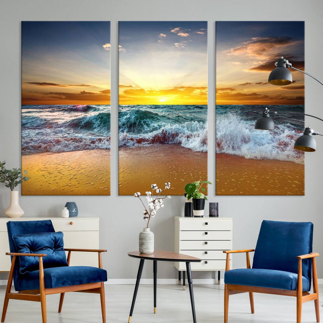 The kitchen features the Golden Sunset Ocean Waves multi-panel coastal wall art canvas.