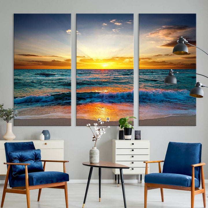 A kitchen dining area with coastal wall art.