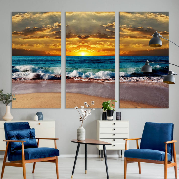 The Ocean Sunrise Over Golden Beach Waves wall art is prominently displayed, capturing the serene beauty of a beach at sunrise.