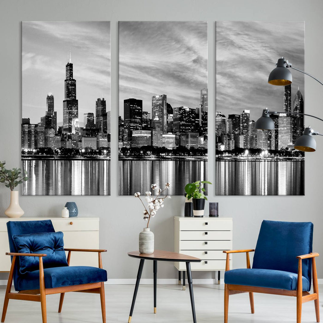 The Chicago City Cloudy Skyline Canvas Print hangs prominently.