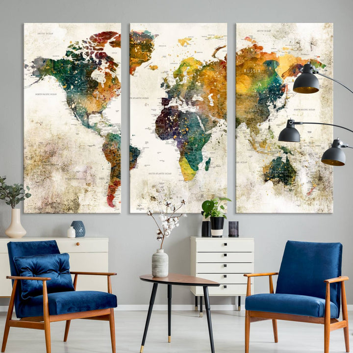 A 3-panel vintage world map canvas art is displayed.