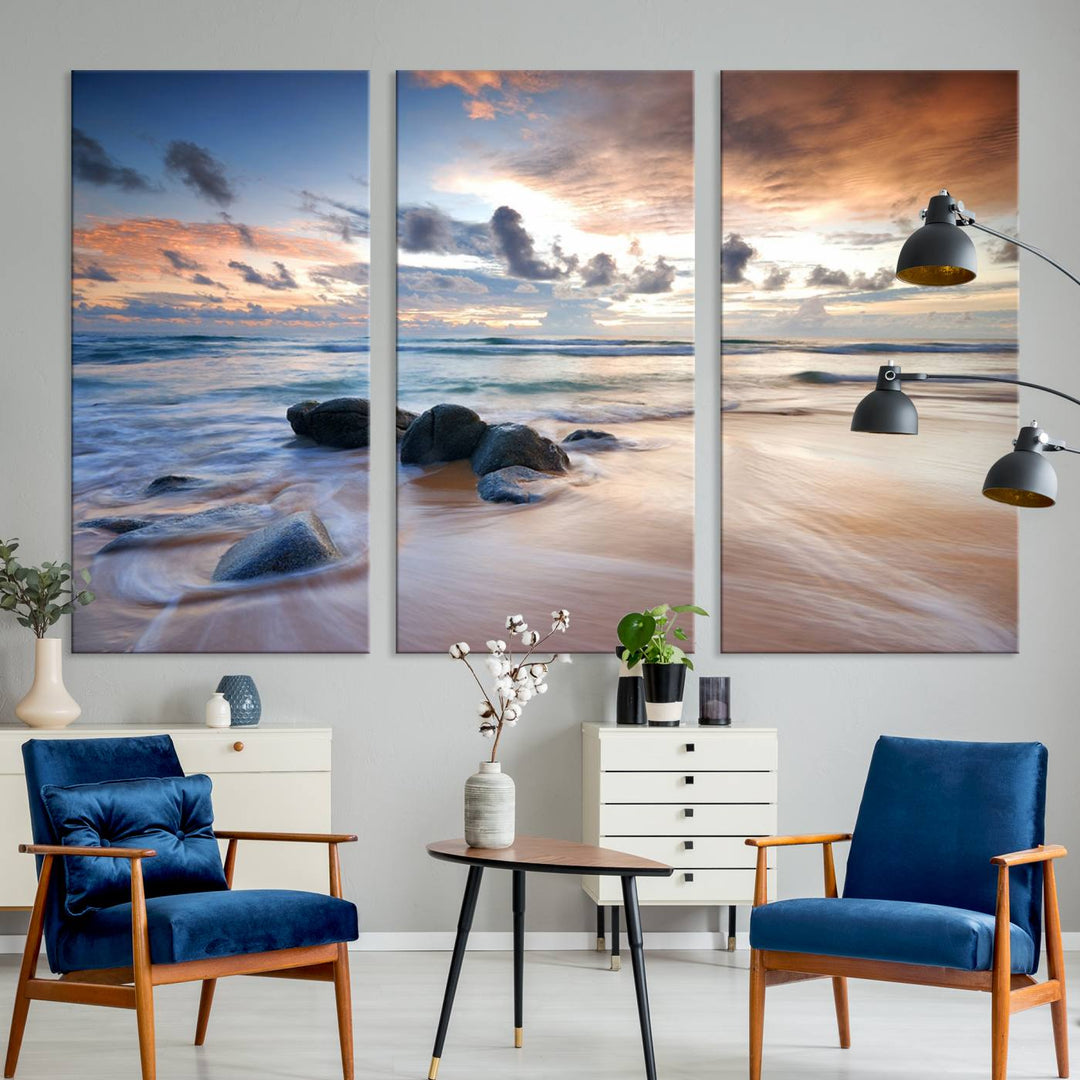 The Serene Weather On The Beach wall art canvas is ready to hang.