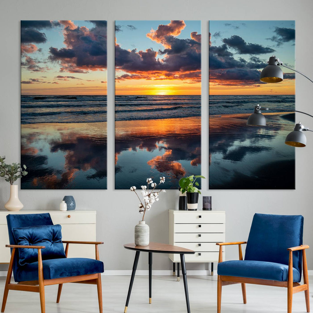 A Beach Sunset Print - Stunning Ocean Canvas Artwork adorns the wall.