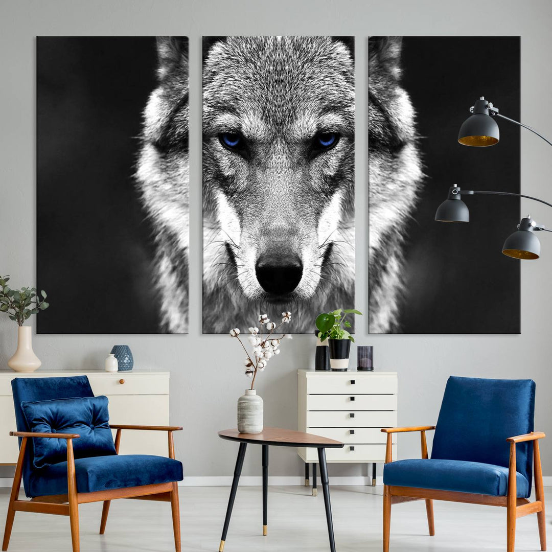 A ready-to-hang Black and White Wild Wolf Wall Art Canvas Print.