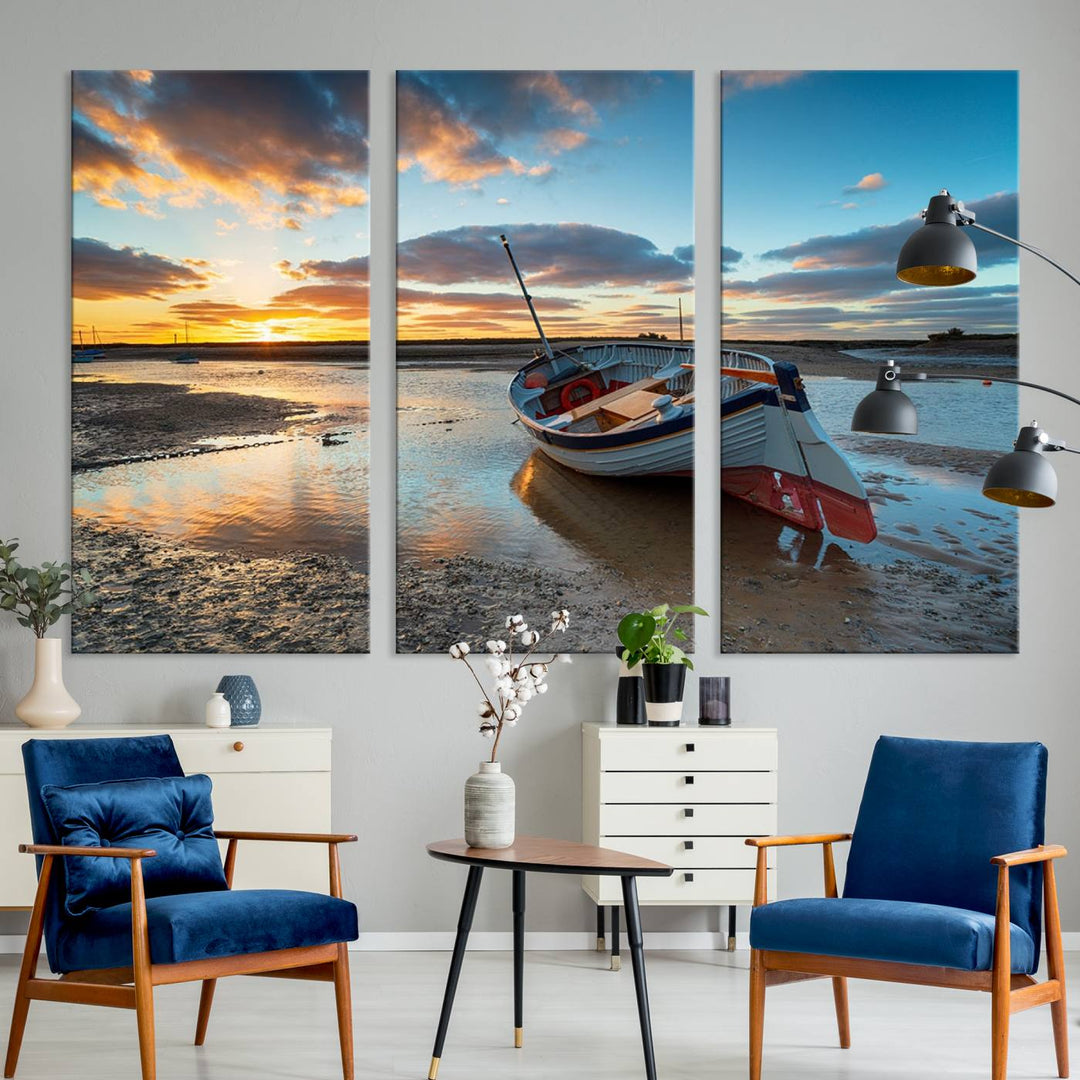 The Small Boat At The Beach Sunset wall art canvas print features UV coating, is museum-quality, and is ready to hang.