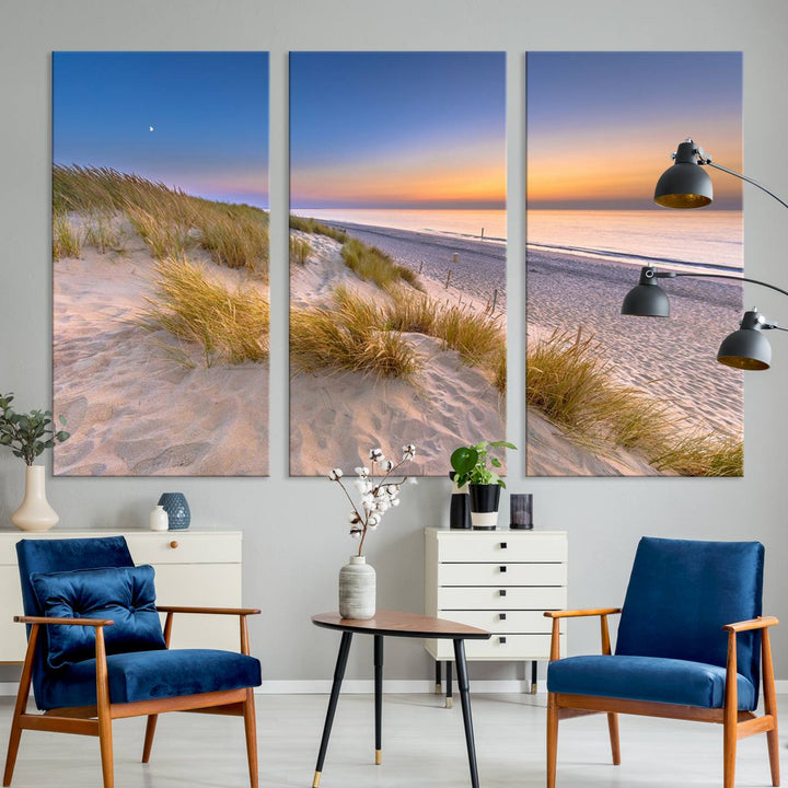 The cozy kitchen features the Sunrise On The Beach canvas art.