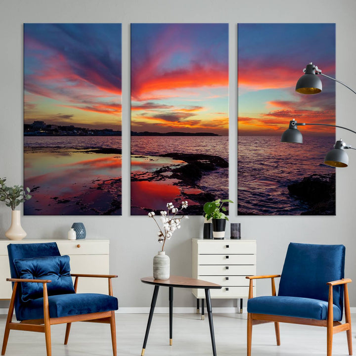 The Glorious Sunset on The Beach canvas print adorns the dining room.