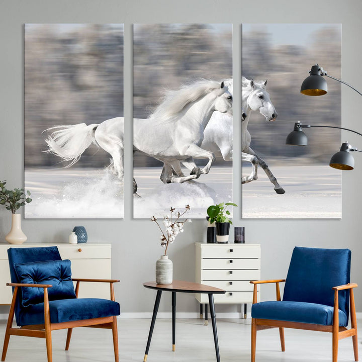 Museum-quality All The White Horses canvas print of two white horses in snow, ready to hang.