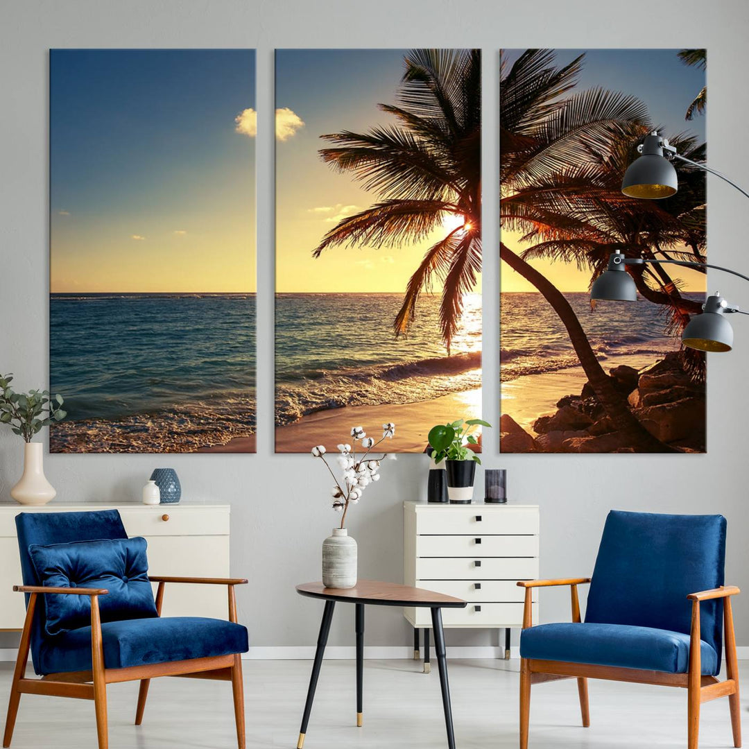 Sunset Palm Trees Wall Art Canvas Print: a serene beach scene on museum-quality canvas.