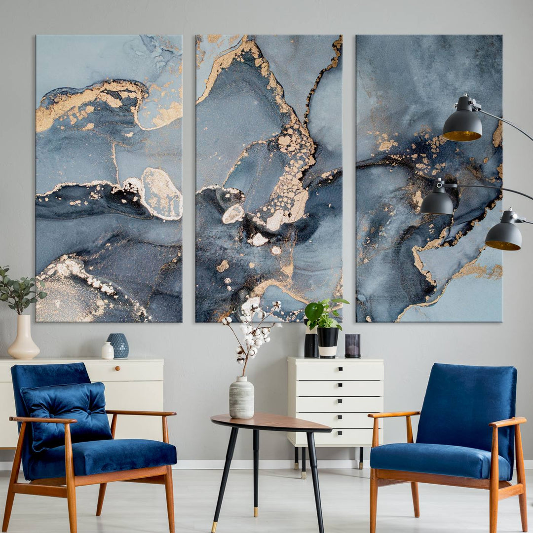 A Multipanel Marble Fluid Effect Canvas Print hangs prominently on the wall.