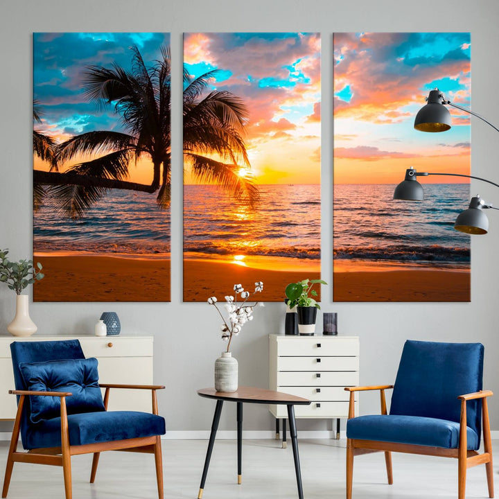 The Palm Tree Sunset On The Beach ready-to-hang canvas wall art—museum quality—brings a serene atmosphere to the room.